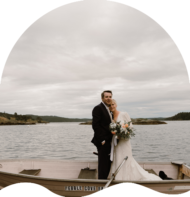 Orcas Island Weddings Venues bride and groom on a boat at pebble cove farm on orcas island san juan islands